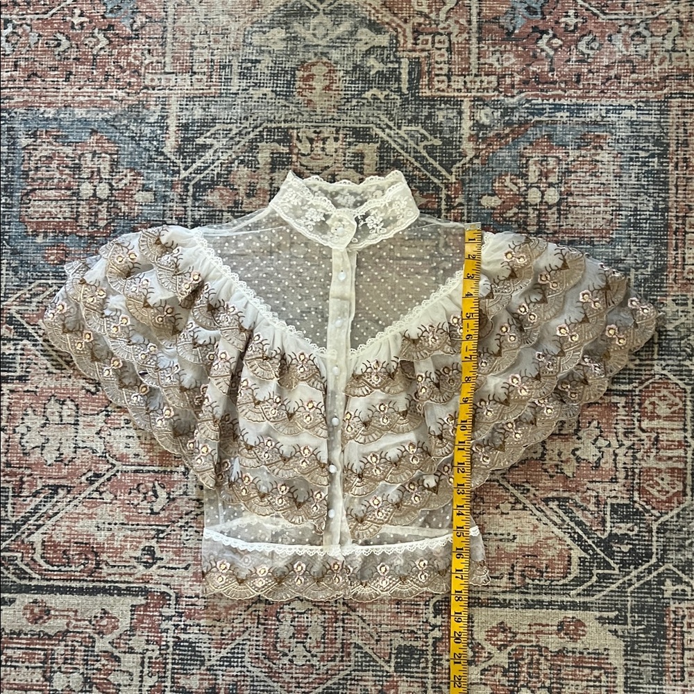 BEULAH Style Victorian-Inspired White Lace Blouse with Golden Embroidery Size: S - Picture 7 of 13